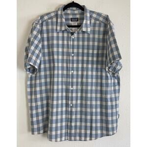 Patagonia Blue Plaid Seersucker Cotton Blend Short Sleeve Shirt | Men's XL